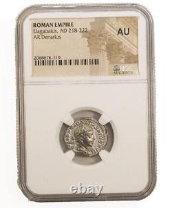 Pièce antique certifiée NGC (AU) Denier en argent romain d'Elagabalus AD 218-222