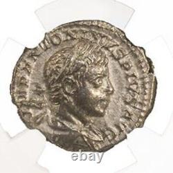 Pièce antique certifiée NGC (AU) Denier en argent romain d'Elagabalus AD 218-222