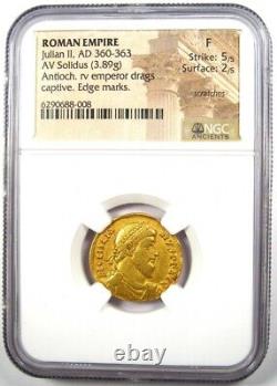 Pièce de Monnaie Romaine en Or Julian II AV Solidus 360-363 AD. Certifiée NGC Fine Rare Dirigeant