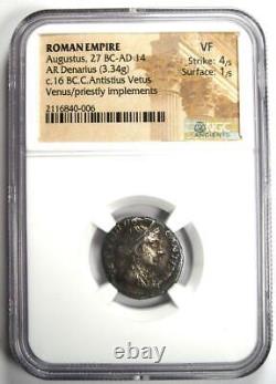 Pièce de monnaie AR Denarius d'Auguste Octavian, 16 avant J.-C., Vetus NGC VF