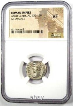 Pièce de monnaie ancienne romaine en argent Aelius Caesar AR Denarius, 136-138 ap. J.-C. Certifiée NGC VF