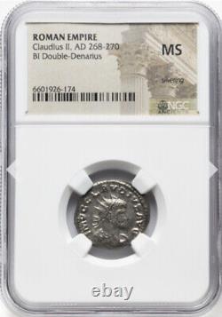 Pièce de monnaie denier de l'Empire romain NGC MS Claudius II 268-270 après J.-C., MARS avec LANCE et BOUCLIER.