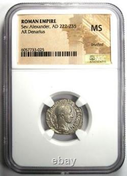 Pièce de monnaie en argent de denier de l'empereur romain Sévère Alexandre 222-235 ap. J.-C. Certifiée NGC MS (UNC)
