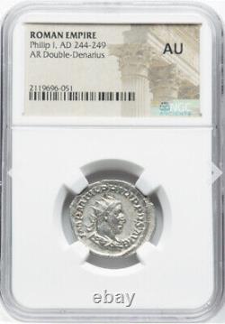 Pièce de monnaie en argent du denier de l'Empire romain, NGC AU Caesar Philip I l'Arabe 244-249 après J.-C.