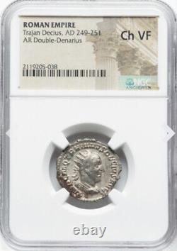 Pièce de monnaie en argent du denier de l'Empire romain Trajan Decius Caesar, NGC Ch VF 249-251, TRÈS BELLE