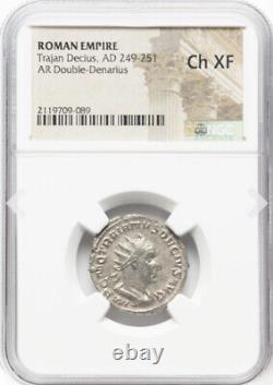Pièce de monnaie en argent rarissime de l'Empire romain Trajan Dèce César Denier NGC Ch XF 249-251 après J-C