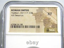 Pièce de monnaie romaine Hadrien/Roma tenant la victoire 117-138 après JC AR Denarius NGC Extra Fine