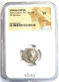 Pièce de monnaie romaine ancienne en argent Denarius AR de l'empereur Aelius César, 136-138 après J.-C. Certifié NGC VF