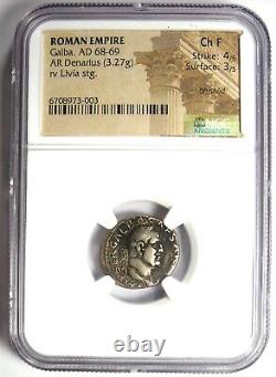 Pièce de monnaie romaine antique en argent Galba AR Denarius 68-69 après J.-C. Certifié NGC Choice Fine