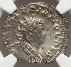 Pièce de monnaie romaine du double denier en argent NGC XF Valerian II 256-258 après J.-C., TRÈS RARE dans l'Empire romain.