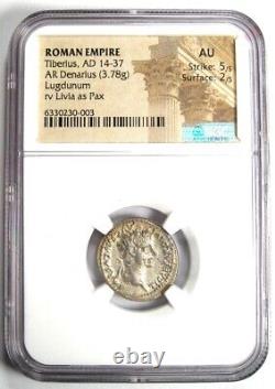 Pièce de monnaie romaine en argent Tiberius AR Denarius Tribute Penny 14-37 après J.-C. Certifié NGC AU