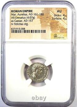 Pièce de monnaie romaine en argent denier AR de Marcus Aurelius 139-161 après J.-C. Certifié NGC AU