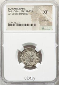 Pièce en argent AR Double Denarius de l'Empire romain, NGC XF Treb Gallus 251-253 après J.-C., TRÈS BIEN PRESERVÉ
