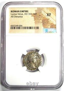 Pièce romaine en argent Lucius Verus AR Denarius certifiée NGC XF (EF) 161-169 après J.-C.