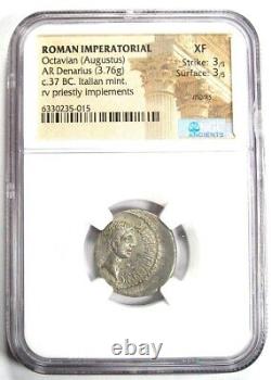 Pièce romaine en argent, denier AR d'Octavian Auguste, 37 avant J.-C., certifié NGC XF (EF)