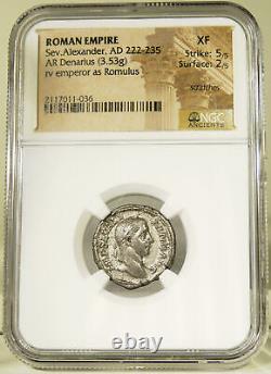 Rare Severus Alexander Comme Romulus. Ngc Xf. Pièce Antique D'argent Romain Denarius