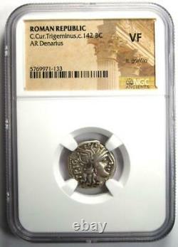République Romaine C. Cur. Trigeminus Ar Denarius Coin 142 Bc Certifié Ngc Vf
