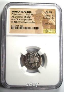 République Romaine C. Fonteius Ar Denarius Janus Janiform Coin 114 Av. Ngc Choix Vf