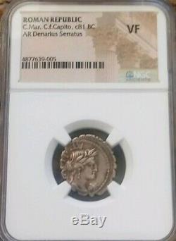 République Romaine C. Marquis Capito Denarius Serratus Ngc Vf Pièce De Monnaie Ancienne En Argent
