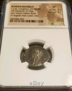 République Romaine Cassius Longinus Denier Ngc Vf 5/2 Ancient Silver Coin