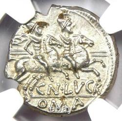 République Romaine Cn. Lucret Trio Ar Denarius 136 Bc Coin Certifié Ngc Ms (unc)