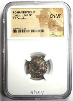 République Romaine L. Julius Ar Denarius Coin 141 Bc Certifié Ngc Choice Vf