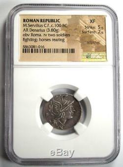 République Romaine M. Servilius C. F. Ar Denarius Roma, Chevaux Monnaie 100 Bc Ngc Xf