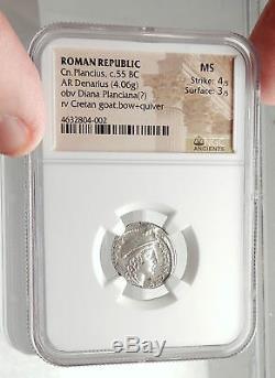 République Romaine Véritable Argent Grec Ancien Coin Diana Crete Goat Ngc Ms I75088
