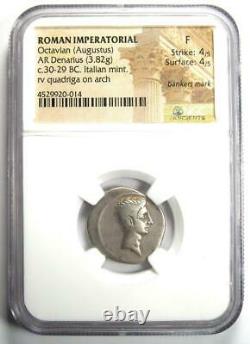 Roman Augustus Octavian Ar Denarius Coin 30 Bc Certifié Ngc Fine Date Précoce