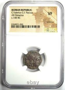 Roman C. Valerius Cf. Flaccus Ar Denarius Silver Coin 140 Bc Certifié Ngc Vf