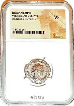 Roman Emperor Silver Volusian Coin Ngc Certifié Vf Avec Histoire, Certificat