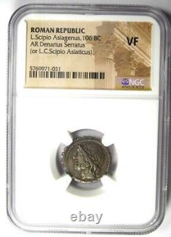 Roman L. Scipio Asiagenius Ar Denarius Serratus Silver Coin 106 Bc Ngc Vf