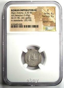 Roman Marc Antony Ar Denarius Silver Galley Coin 30 Bc Certifié Ngc Amende