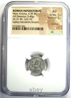 Roman Marc Antony Ar Denarius Silver Galley Coin 32 Bc Certifié Ngc Au