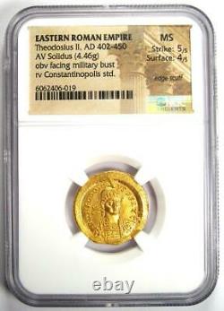 Roman Theodosius II Av Solidus Gold Coin 402-450 Ad Ngc Ms (unc) 5/5 Strike