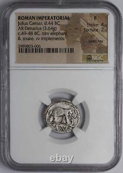 Royaume-uni Ar Denarius Julius Caesar Elephant 49 Bc Ngc F 4/2 133984a