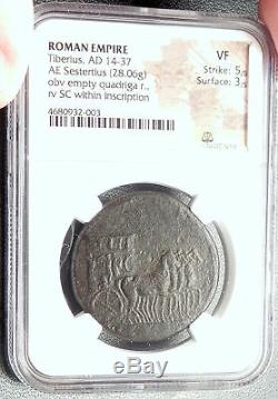 Tiberius Authentique Ancien 35ad Rome Pièce De Monnaie Romaine Sestertius Avec Quadriga Ngc I67867