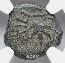 Traduisez ce titre en français : Pièce de monnaie Prutah de la rébellion juive romaine de l'année 3 de l'ère NGC Choice F FINE Judaea 66-70 AD