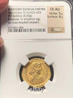 Valentinien Iii, 425-455 Empire Romain Or Solidus Ngc Ch. Au 5/5, 4/5 Coin De Nice